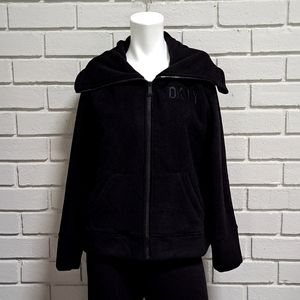 DKNY Black Soft Fleece Zip Up Big Collar Jacket. Size Medium NWT